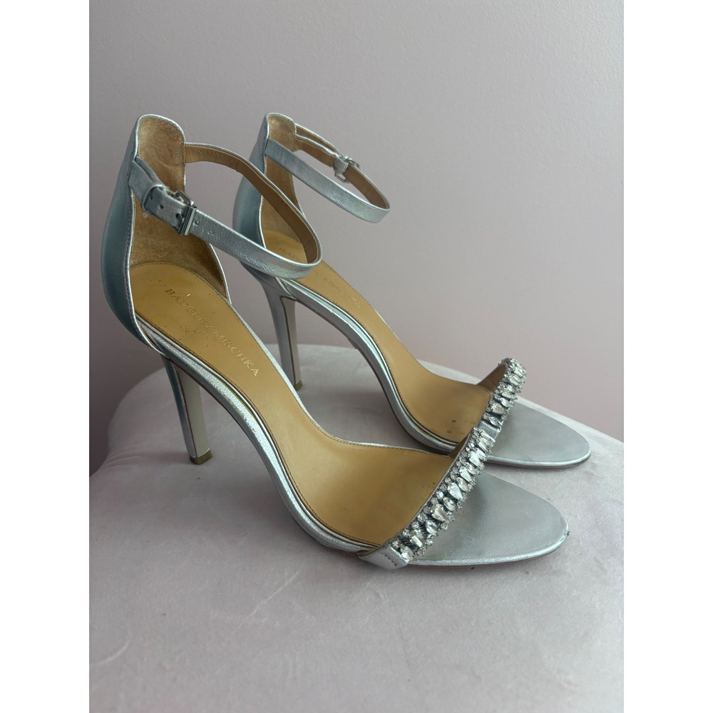 Badgley Mischka Silver Metallic Crystal Embellished Ankle Strap Heels‎ Size 10